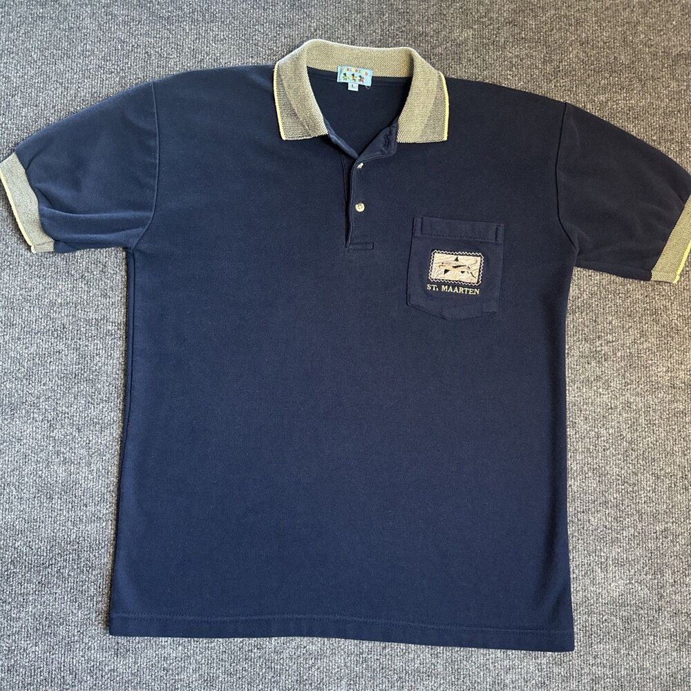 Caribbean Mens Polo Shirt St Maarten Shark Patch Embroidered Size L Short Sleeve